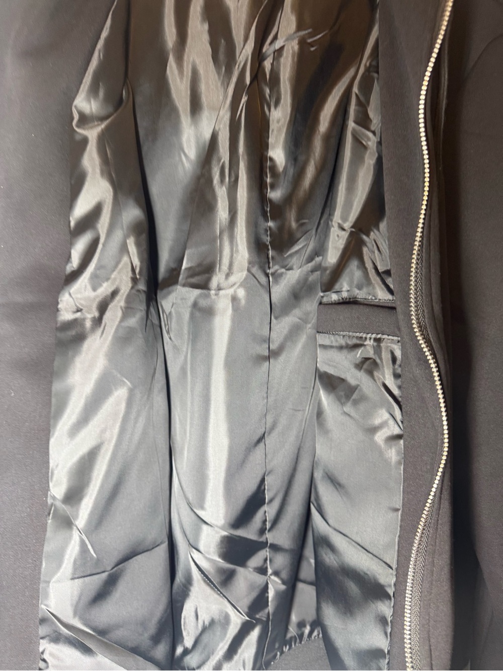 Black Hooded Bomber Jacket. No Brand. Approx.25.5 inches Wide when Zipped Close. - Picture 10 of 11
